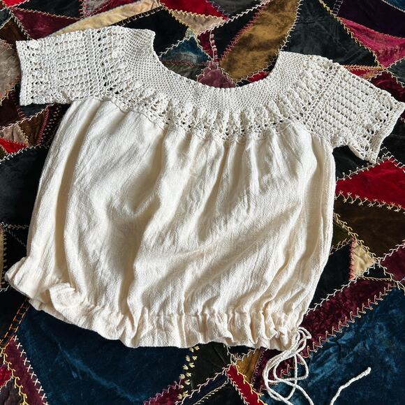 Vintage 60s/70s Gauzy Cotton Crochet Folk Peasant Drawstring Corset Cover Top - Picture 5 of 8